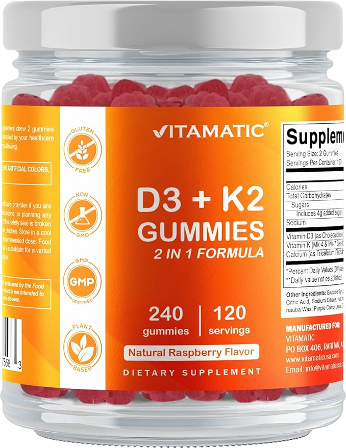 Vitamatic Vitamin D3 K2 with Calcium Gummies - 240 Count - Non-GMO, Gluten Free