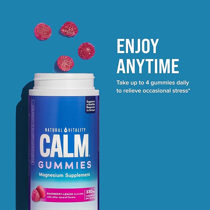 Natural Vitality CALM, Magnesium Citrate Supplement, Stress Relief Gummies, Supports a Healthy Response to Stress, Gluten Free, Vegan, Raspberry Lemon Flavored, 120 Gummies