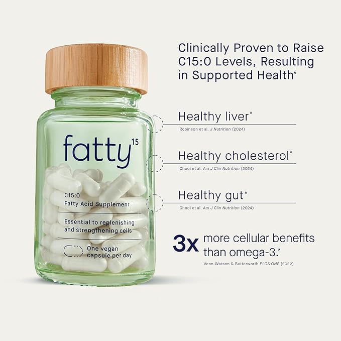 Fatty15 Pure C15:0 Pentadecanoic Acid Supplement - 3X Cellular Benefits of Omega-3 - Longevity Supplement - Supports Gut, Liver, & Cholesterol Health - Vegan-Friendly Capsule 90 Count