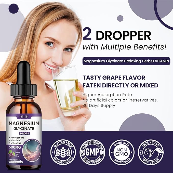 Magnesium Glycinate Liquid Drops 500mg, with Vitamin B6, Ashwagandha, L - Theanine, Chamomile, Magnesium Glycinate Supplement High Absorption for Sleep, Stress, Energy, Mood - Grape Flavor, 2 FL.OZ