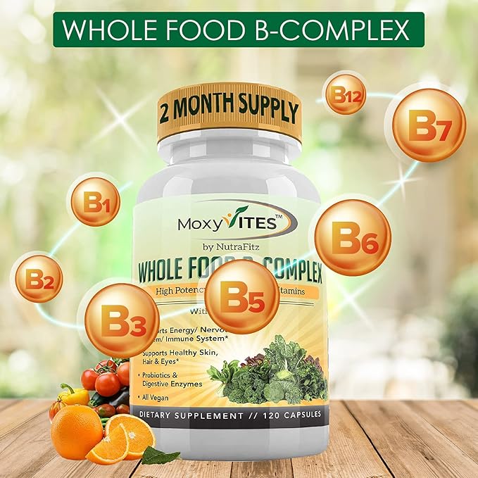 Vitamin B Complex - B Vitamins Whole Food Supplement, B12 Methylcobalamin, B1, B2, B3, B5, B6, B7, B9 - for Stress, Energy and Immune Support, Vegan, 120 Capsules
