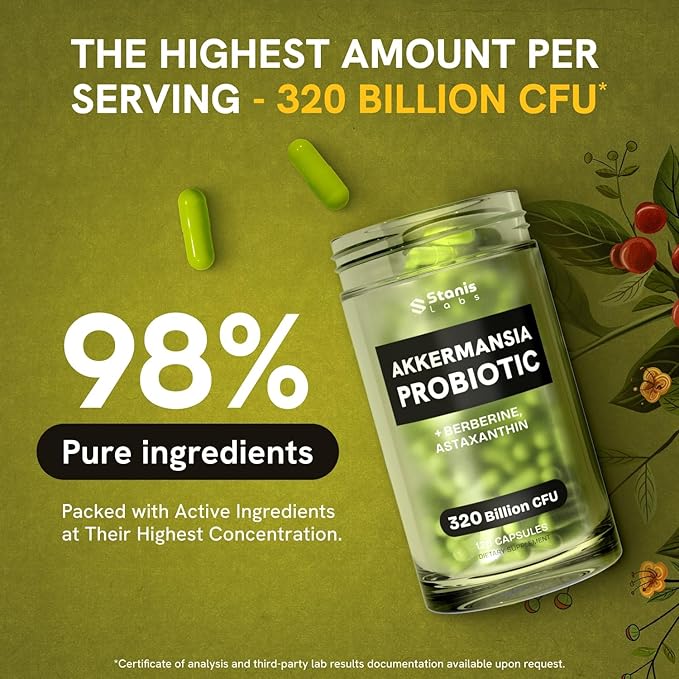 Akkermansia Probiotic 320 Billion CFU| GLP-1 Probiotic and Prebiotic | Akkermansia Muciniphila Probiotics For Women Digestive Health | Inulin Prebiotic Fiber Capsules Astaxanthin & Berberine 120 count