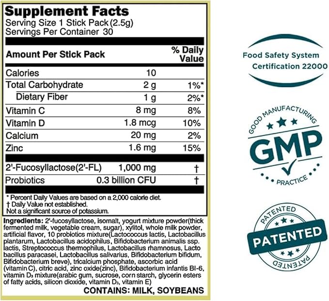MOMSTAMIN 2'-FL HMO Prebiotics & Probiotics for Kids, 1000mg Human Milk Oligosaccharide 2'-FL Powder, Patented 11 Strains, Healthy Gut Microbiome, Immune & Digestive Supplement, IBS Relief - 30 Sticks