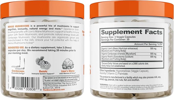 Genius Mushroom Supplement - Lions Mane, Cordyceps, Reishi - Brain Nootropic for Energy, Focus, Overall Wellness, & Immune Support - 90 Capsules