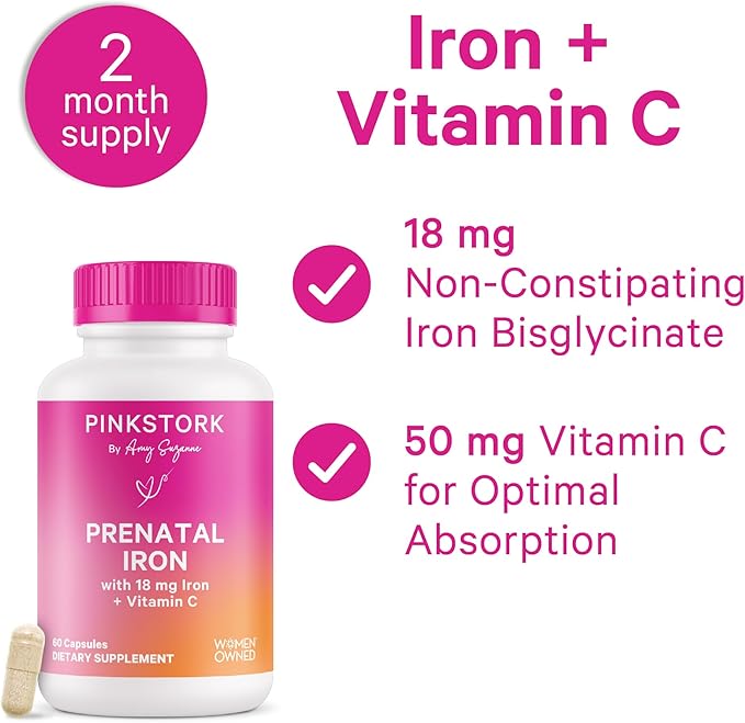 Pink Stork Prenatal Iron Supplement for Women - 18 mg Non-Constipating Iron & Vitamin C for Pregnancy, Postpartum, & Breastfeeding - Focus, Fatigue, & Blood Cell Production - 2 Month Supply