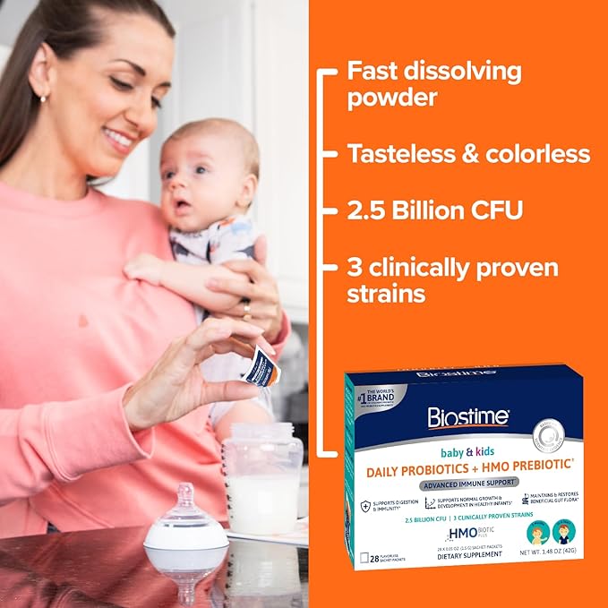 Biostime Baby Probiotic for Kids with HMO & Prebiotic Fiber | Kids Immune Support | Constipation Relief and Digestion Support Probiotics for Kids, Toddlers and Infants - 28 Powder Packets
