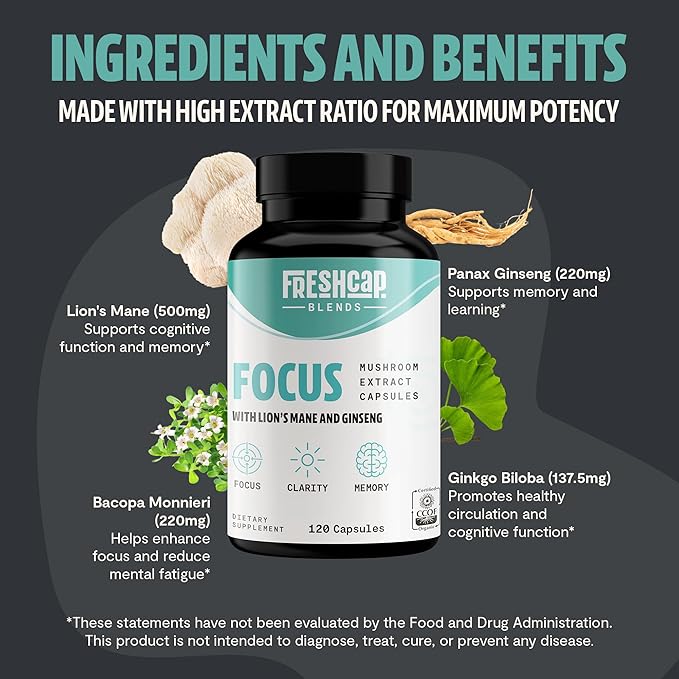 FreshCap 4-in-1 Focus Supplement - Brain Supplements for Memory and Focus - Memory Supplement for Brain, Brain Booster Supplement, Lions Mane Extract, Ayurveda Ginseng (120 Capsules)