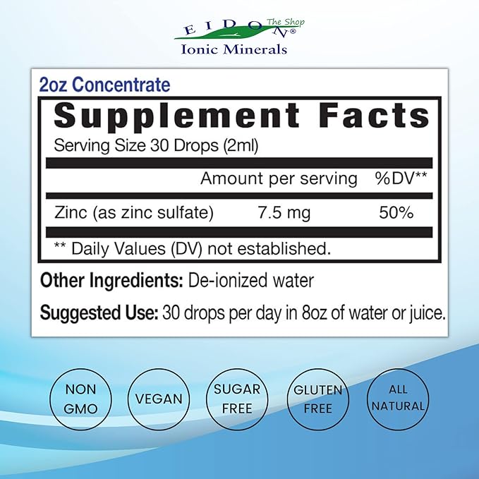 Eidon Ionic Minerals Liquid Zinc Concentrate - Ionic Zinc Supplement Drops for Adults and Kids, Support Immune System, Hair and Skin, Liver and Kidney Health, Relieves Stress - 2 oz