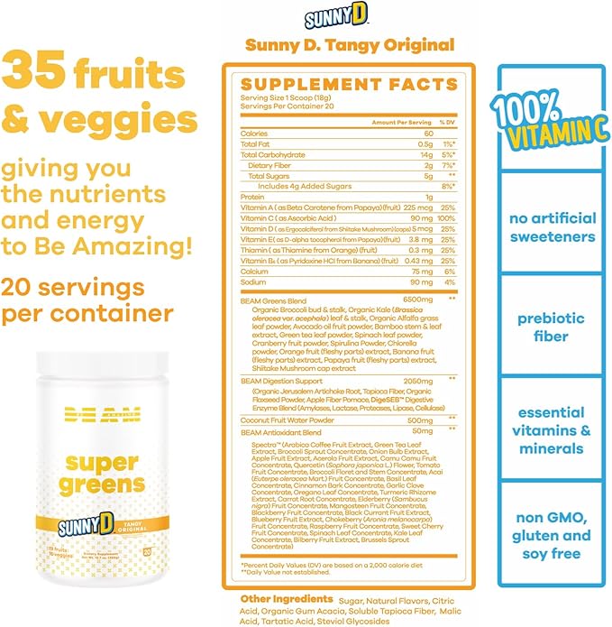 Be Amazing Super Greens Powder with Prebiotics, Digestive Enzymes & Antioxidants | Energy Supplements, 17 Fruits & 8 Veggies | Gluten-Free Juice & Smoothie Mix | Sunny D, 20 Servings, 360 g