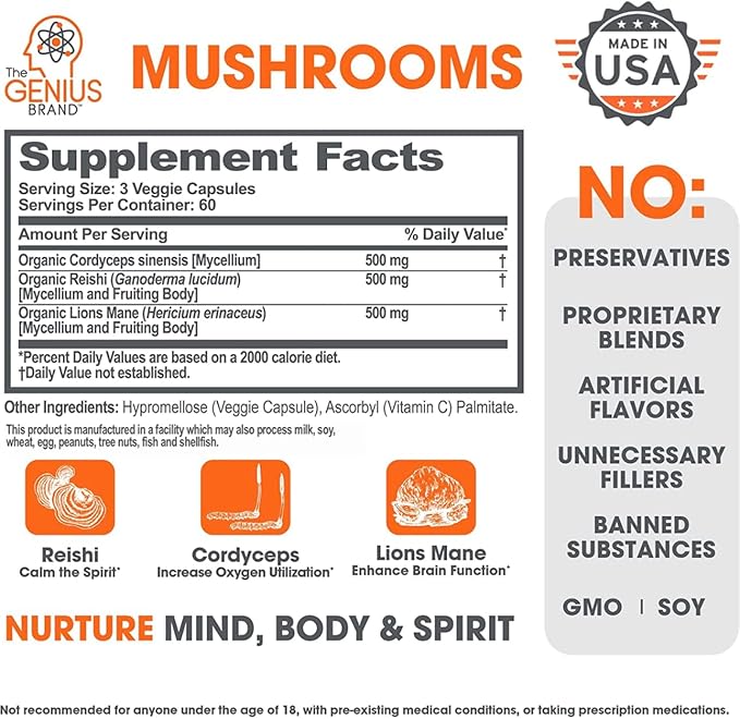 Genius Mushroom Supplement - Lions Mane, Cordyceps, Reishi - Brain Nootropic for Energy, Focus, Overall Wellness, & Immune Support, 180 Veggie Pills