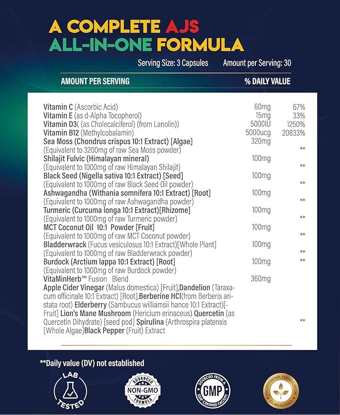AJS Sea Moss Capsules 3200mg, Himalayan Shilajit 1000mg with Black Seed Oil, Ashwagandha, Turmeric, Bladderwrack, Burdock, Vitamins, Berberine, Lion’s Mane Mushroom, Elderberry- 90 Caps