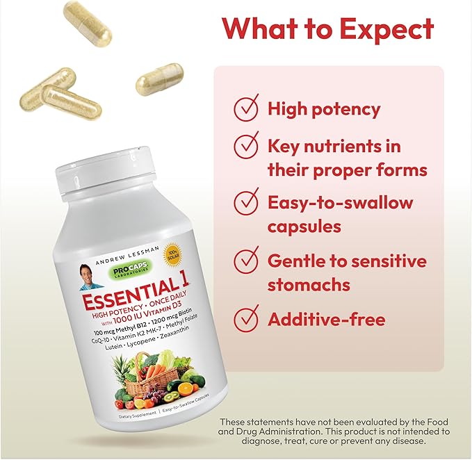 ANDREW LESSMAN Essential-1 Multivitamin 1000 IU Vitamin D3 30 Small Capsules – 100 mcg Methyl B12. CoQ10 Lutein Lycopene Zeaxanthin. High Potency. No Additives. Gentle Ultra-Mild. One Daily Capsule