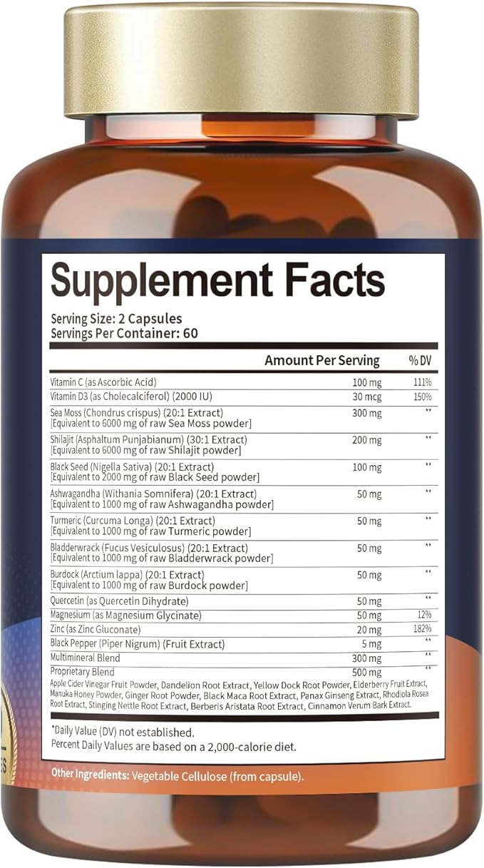 25-in-1 Sea Moss Black Seed Oil Ashwagandha Ginger Shilajit Supplement, Sea Moss Capsules with Bladder Burdock Ceylon Cinnamon Berberine ACV Manuka VIT C & D3, 120 Caps