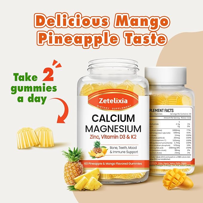 Calcium Gummies for Women Men, Calcium Magnesium Zinc with Vitamin D3 & K2, Calcium Magnesium Supplement for B0nes Muscles, Pineapple & Mango Flavor - 120 Count