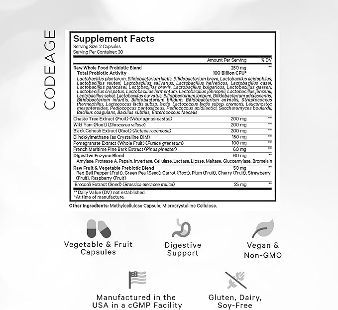 Codeage Raw Women’s Probiotic+ Supplement - 34 Probiotic Strains, 100 Billion CFUs, Digestive Enzymes, Prebiotic Blend, DIM, Herbal Extracts, Phytonutrients - Non-GMO - 30 Capsules