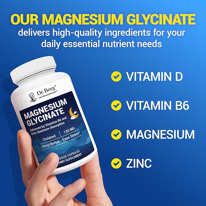 Dr. Berg Magnesium Glycinate with Vitamin D, B6 & Zinc for Stress Relief, Calm, Relaxation, & Good Sleep* - 120 mg Per Magnesium Bisglycinate Capsule - Chelated Magnesium Glycinate - 90 Caps