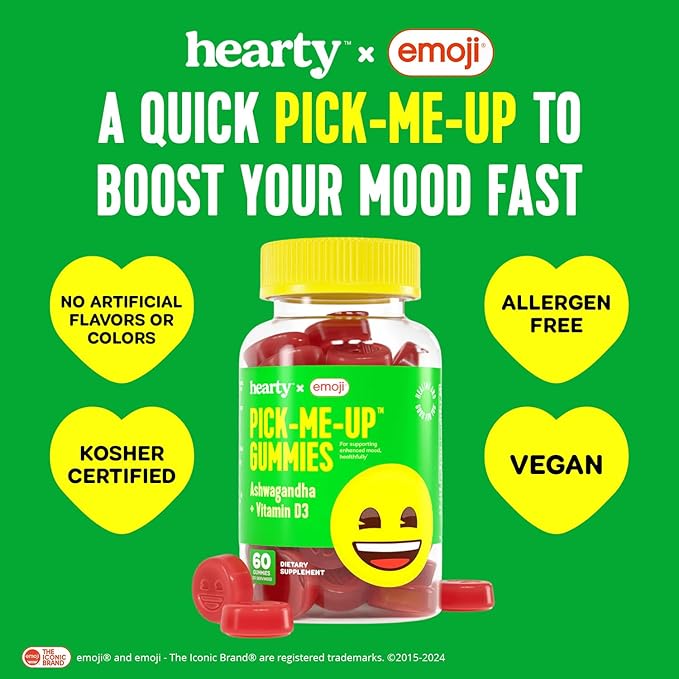HEARTY Mood Support Supplement Gummies, Organic Ashwagandha Gummies for Women & Men, Mood Gummies for Kids, Chewable Vitamin D Gummy, Vegan Vitamin D3 Energy Supplements, 60 Count