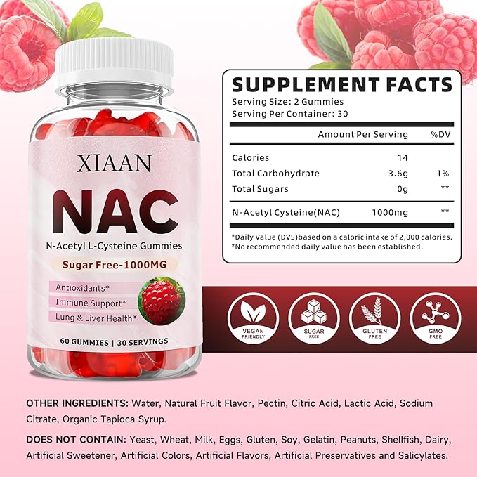 NAC Gummies for Kids & Adults, N Acetyl Cysteine 1000mg NAC Supplement for Antioxidants & Immune Support, Lung & Liver Health, Raspberry Flavor 60 Count