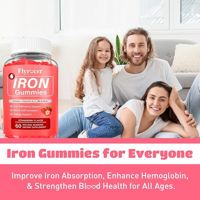 2 Pack Iron Gummies for Men and Women, Energize, Combat Fatigue, Support Anemia Recovery. Packed with Iron, Folate, Vitamin C, in Vegan Strawberry Flavor, 120 Gummies