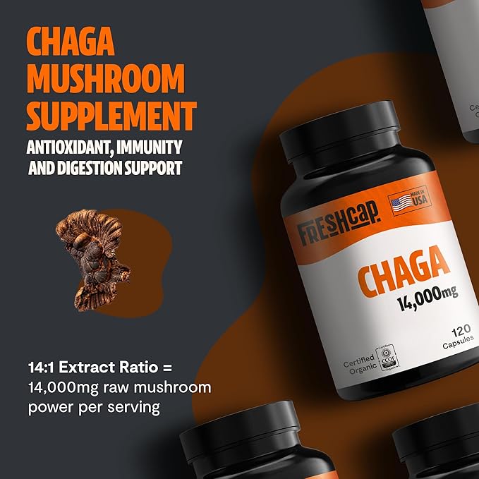 FreshCap Chaga Mushrooms Capsules 14,000mg - Chaga Mushroom Supplement, Mushroom Extract Antioxidants Supplement, Mushrooms Herbal Supplements, Ayurveda Nootropic Immunity Supplements (120 Capsules)