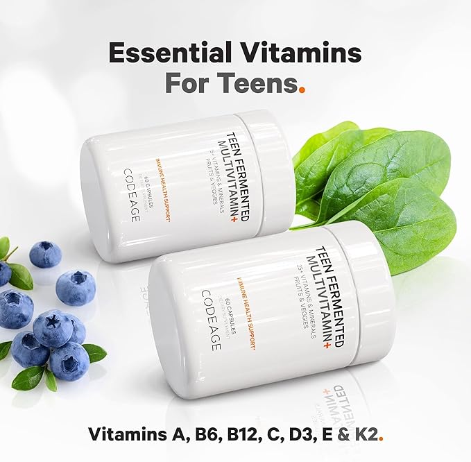 Codeage Teen’s Daily Multivitamin Supplement, 25+ Vitamins & Minerals for Teenage Boys & Girls, Organic Whole Foods Vitamins for Teenagers, Vitamin A, B, C, D, E, K, Omega-3, 60 Ct