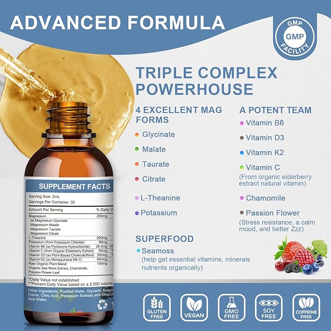Magnesium Glycinate Liquid Drop - Triple Absorption Supplement to Support Nerves, Night, Heart, Muscles * -Sugar-Free with Potassium, L-Theanine, Sea Moss Vitamin B,C,D3, K2-1Pack