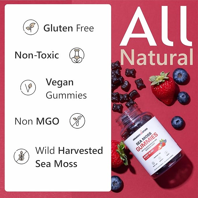 ORGANICS NATURE Irish Sea Moss Gummies for Lung Detox, Thyroid, Strength Immune & Energy Support, Vegan Seamoss Gummies for Kids & Adults - 60 Vegan Gummy Bears Berry Flavored