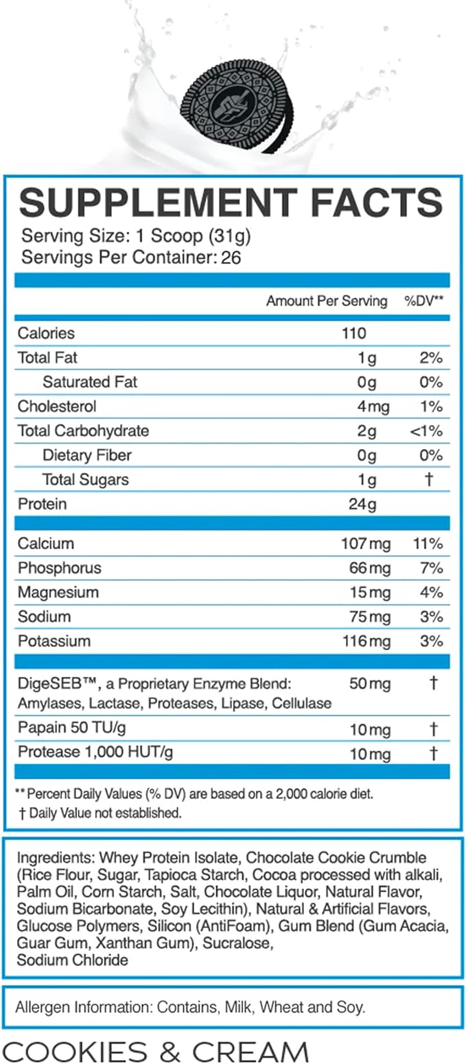 eFlow Nutrition 100% Whey Protein Isolate - Lactose-Free Digestive Enzymes Added, Low Carb, Post Workout Shake, Fast Digesting for Optimal Muscle Recovery - Cookies & Cream (26 Servings)