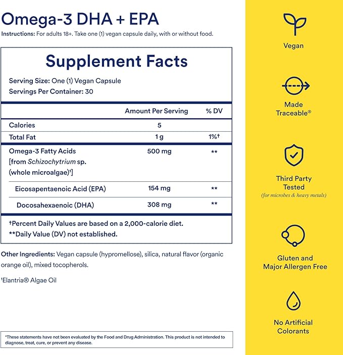 Ritual Omega 3 - Vegan - Science-Backed Dose of DHA & EPA Fatty Acids in 2:1 Ratio, Bioavailable, Brain and Heart Health Support, Minimal Burp-Back, Sustainably Sourced Microalgae, 30 Day Supply