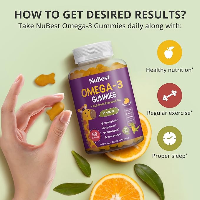 NuBest Omega 3 Gummies for Kids & Teens with Flaxseed Oil | Supports Brain Growth, Mental Clarity, Focus, and Eye Health | No Added Sugar | Delicious Orange Flavor | 60 Premium Vegan Gummies