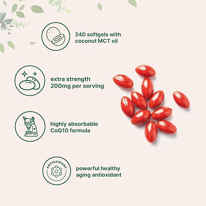 Micro Ingredients CoQ10 200mg Per Serving | 240 Softgels with Coconut MCT Oil | High Absorption Coenzyme Q10 as Ubiquinone | Antioxidant Support for Heart & Energy Health | Non-GMO