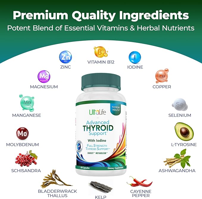 Daily Thyroid Boost Advanced Formula with Iodine Ashwagandha Vitamin B12 Zinc and Selenium for Energy Metabolism and Focus 60 Capsules