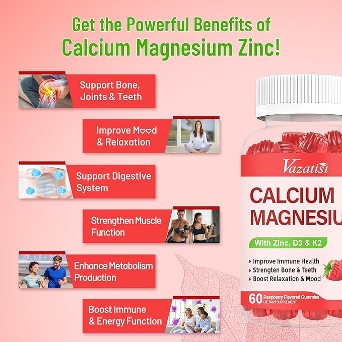 Calcium Magnesium Zinc Gummies with Vitamin D3 & K2, High Absorption Magnesium Glycinate Potassium for Immune and Calm Mood, Raspberry Flavor 120 Gummies