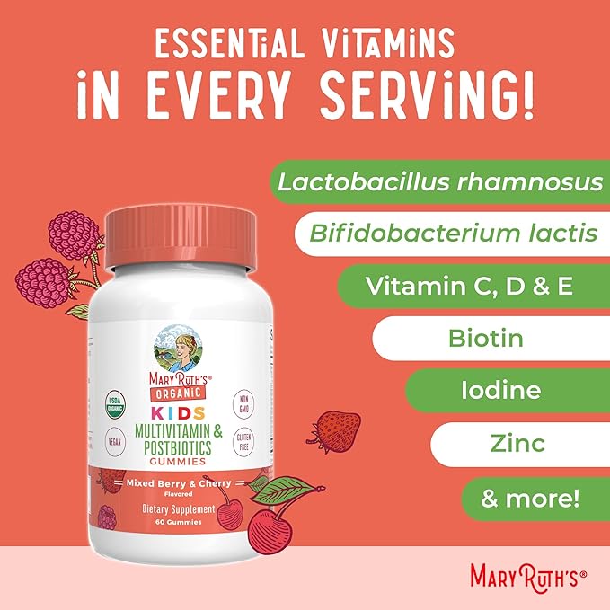MaryRuth Organics Kids Vitamins | USDA Organic | Multivitamin Gummies + Postbiotics for Ages 4+ | Lactobacillus Rhamnosus | Vegan | Non-GMO | 60 Count