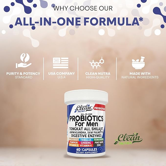 Clean Nutra Probiotics for Men | Tongkat Ali, Saw Palmetto, Tribulus, Ginseng, Ashwagandha, Maca, Pumpkin, Gingko Biloba, Pine Bark, Fenugreek, Shilajit, Zinc - Mens Probiotic 60 Capsules