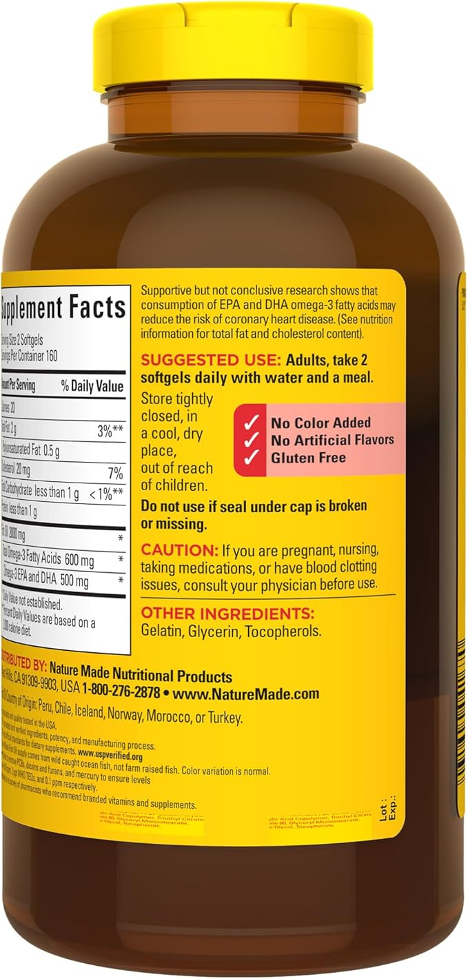Nature Made Fish Oil 1000 mg Softgels, Fish Oil Supplements, Omega 3 Fish Oil for Healthy Heart Support, Omega 3 Supplement with 320 Softgels, 160 Day Supply