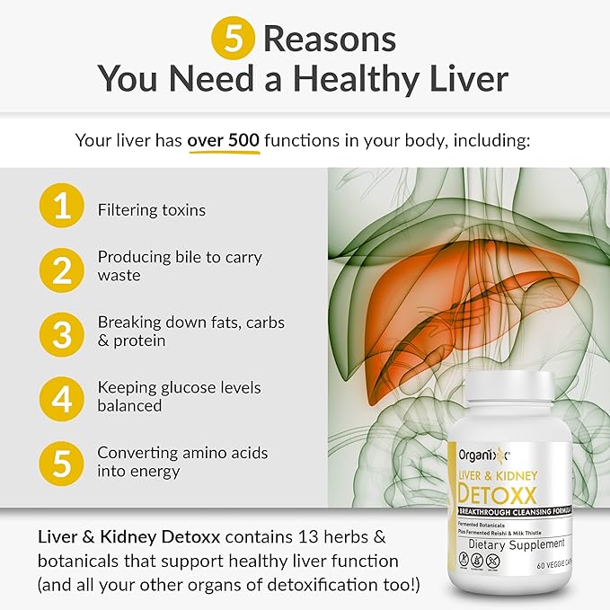 Organixx Kidney & Liver Support Cleanse Supplement, Milk Thistle Reishi Herbal Formula For Digestive Health, Kidney & Liver Health, Sleep & Energy Support, Gluten Free, Non GMO, 60 Vegetarian Capsules