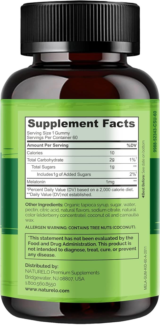 NATURELO Melatonin Gummies for Kids – Non-GMO, Gluten-Free, Soy Free - Strawberry Flavor - Gentle Sleep Supplement - 60 Vegetarian Gummies