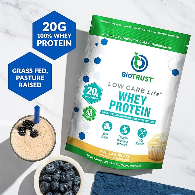 BioTrust Low Carb Lite, 20 Grams of Grass-Fed Whey Protein Isolate, 100 Calories, ProHydrolase Digestive Enzymes, Non-GMO, Free from Soy and Gluten, rBGH-Free (14 Servings) (Vanilla Cupcake)