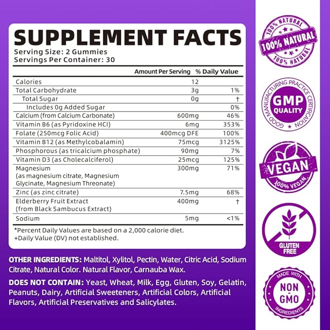 softbear Calcium Magnesium Zinc Gummies for Women, High Absorption Calcium Magnesium Supplement Chewable Calcium 600 mg for Bone Strength Vegan Elderberry Flavor 60 Gummies