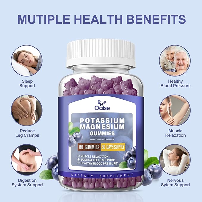 Potassium Magnesium Gummies for Adults Kids, High Absorption Potassium Citrate 99mg Magnesium Citrate 400mg, Chewable Gummy Supplements for Leg & Muscle Health, Blueberry, 60 Count