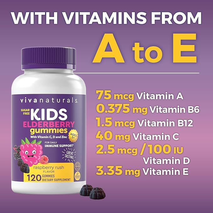 Sambucus Elderberry Gummies for Kids with Vitamin C and Zinc (120 Count) - Sugar-Free 8-in-1 Immune Support Gummy - Chewable Vegan, Gluten-Free Sambucus Elderberry Gummy for Kids, Immunity Gummies