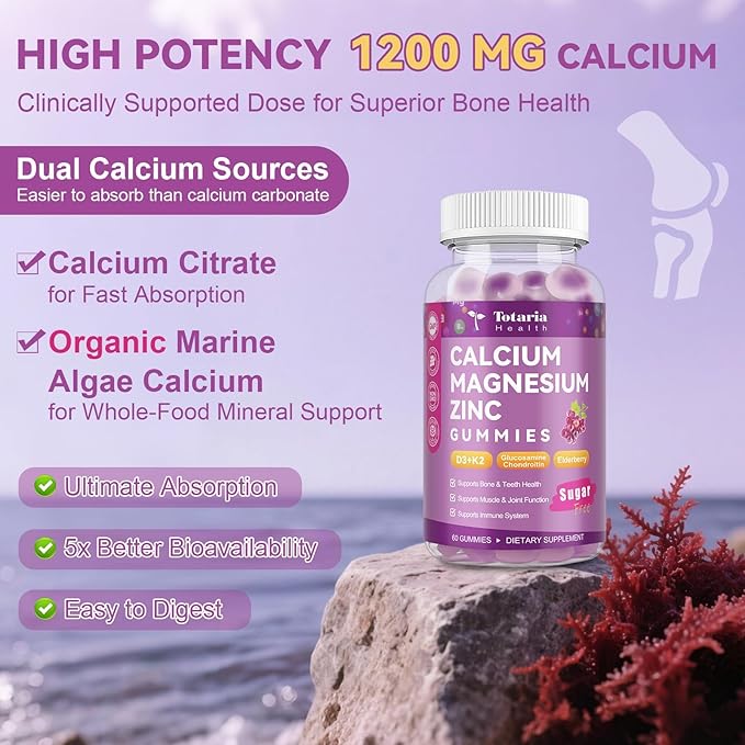 2 PCS Sugar Free Calcium 1200 mg with Vitamin D3 K2 (MK-7) Gummies, Calcium Citrate Magnesium Zinc Supplement w/Boron, Glucosamine Chondroitin, Max Absorption for Bone, Immune, Joint, Grape-Flavor