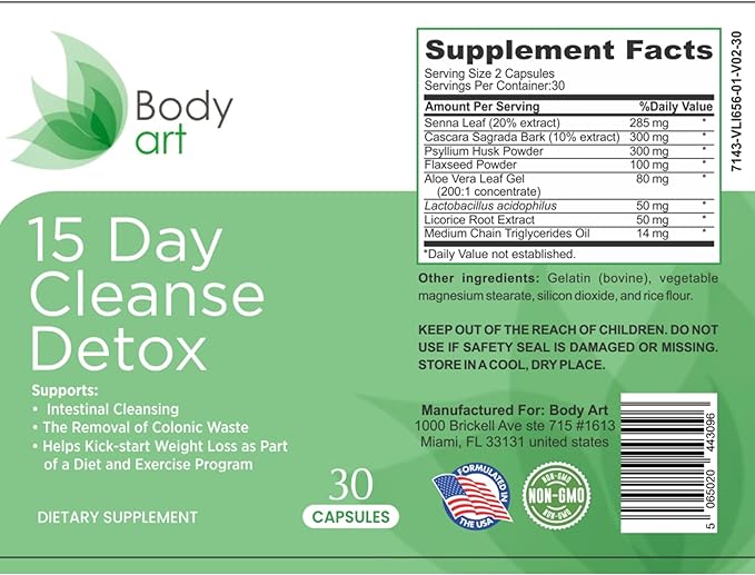 Body Art 15 Day Colon Cleanse Detox - Gut Detox Cleanse for Digestive Health, Gut Cleanse Detox for Women & Men - for Bowel Cleanse, Remove Body Waste, Advanced Colon Cleanser & Detox - 30 Capsules