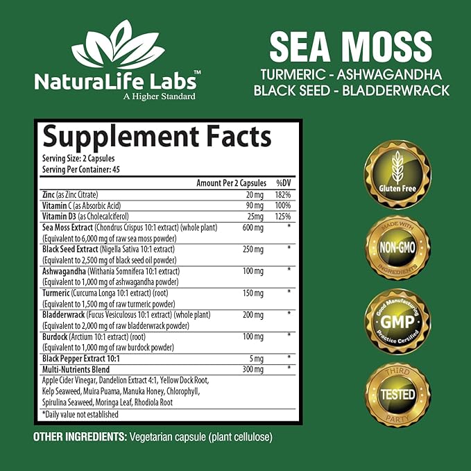 Sea Moss 6000mg - Black Seed Oil 2500mg - Bladderwrack 2000mg - Turmeric 1500mg Ashwagandha 1000mg - Burdock 1000mg - Vitamin C, D3, Yellow Dock Root, Manuka, Dandelion - 90 Veggie caps