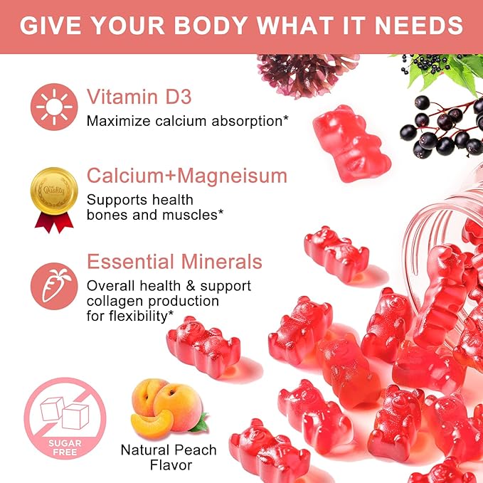 Calcium Gummies with D3,Zinc - Plant Complex Calcium Magnesium Supplement with Glycinate,Potassium,Vitamin C &Whole Natural Food for Bone & Immune Support- 60 Chewable Gummy Sugar-Free