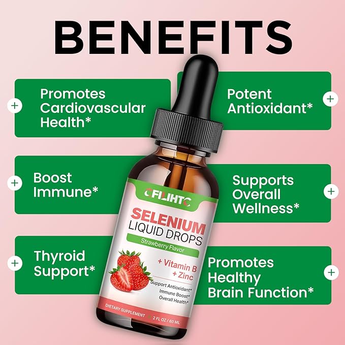 Selenium Liquid Drops - 200mcg Liquid Selenium Supplement with Vitamin B Complex & Zinc - Support for Immune System, Antioxidant & Heart Health, High Absorption - Strawberry Flavor, 2 Fl Oz