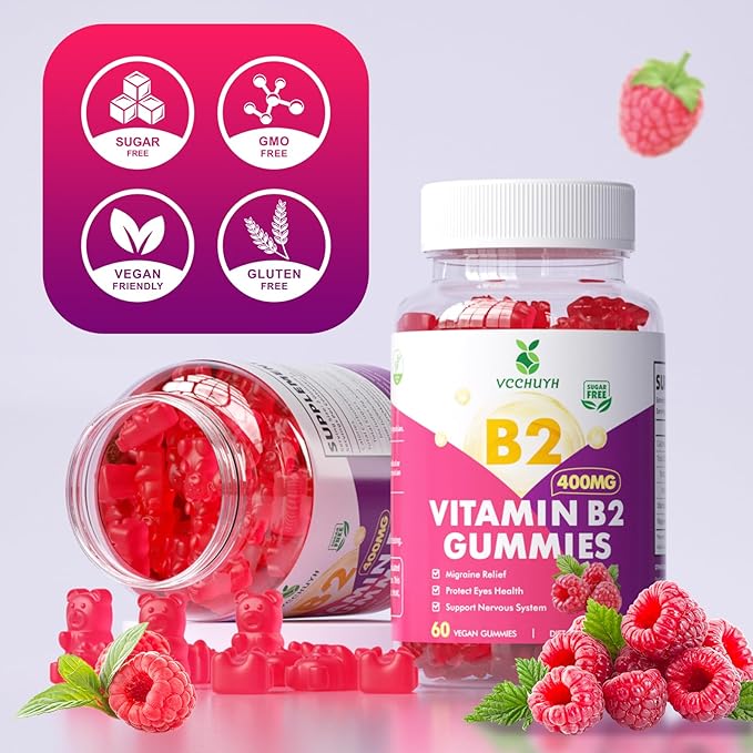 Vitamin B2 Gummies for Kids & Adults, VIT B2 Riboflavin 400mg Supplement with Magnesium for Migraine Relief & Nervous System Support, Non-GMO, Vegan, Raspberry Flavor 60 Count