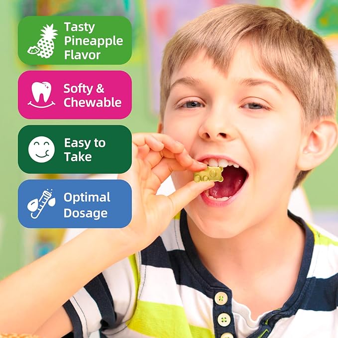 Kids Magnesium Gummies, Magnesium Glycinate, L-Threonate Gummies for Kids & Adults with L-Theanine, Chamomile, Licorice, Vitamin D, B6 for Sleep, Relaxation, Brain & Muscle, Sugar Free Pineapple 60ct