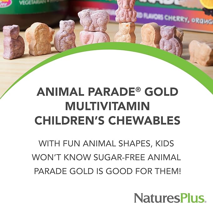 Natures Plus Animal Parade Gold Multivitamin Children’s Chewables - Watermelon Flavor - 120 Animal-Shaped Tablets - Vitamin D3, K2 & Probiotics - Vegan, Gluten Free - 60 Total Servings